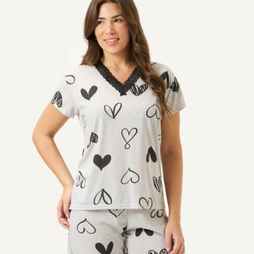 Pijama Estampado Com Renda